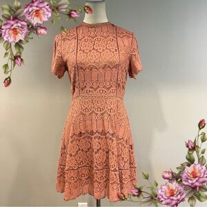 Elegant Short Sleeve Lace Mini Dress in Pale Peach color